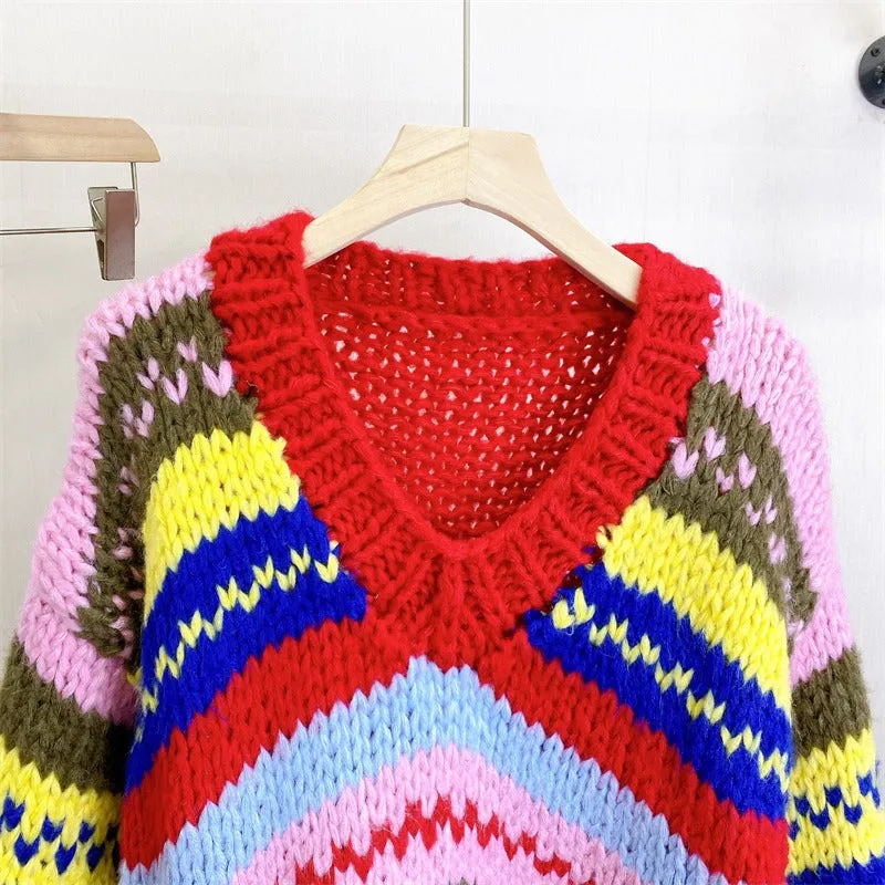 Pre Order:  Thick Rod Needle Knitted Striped Loose Sweater