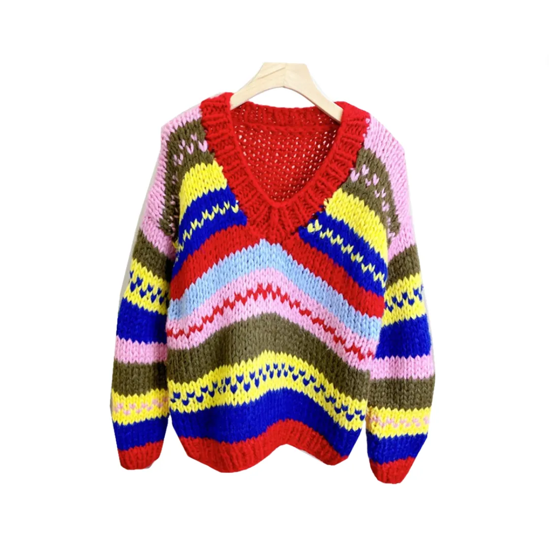 Pre Order:  Thick Rod Needle Knitted Striped Loose Sweater