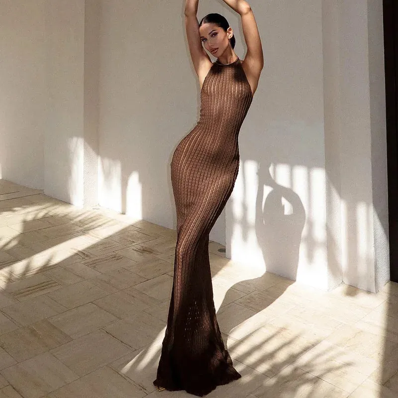 Sexy Sheer Backless Knitted Hollow Out Slim Beach Halter Neck Maxi Dress