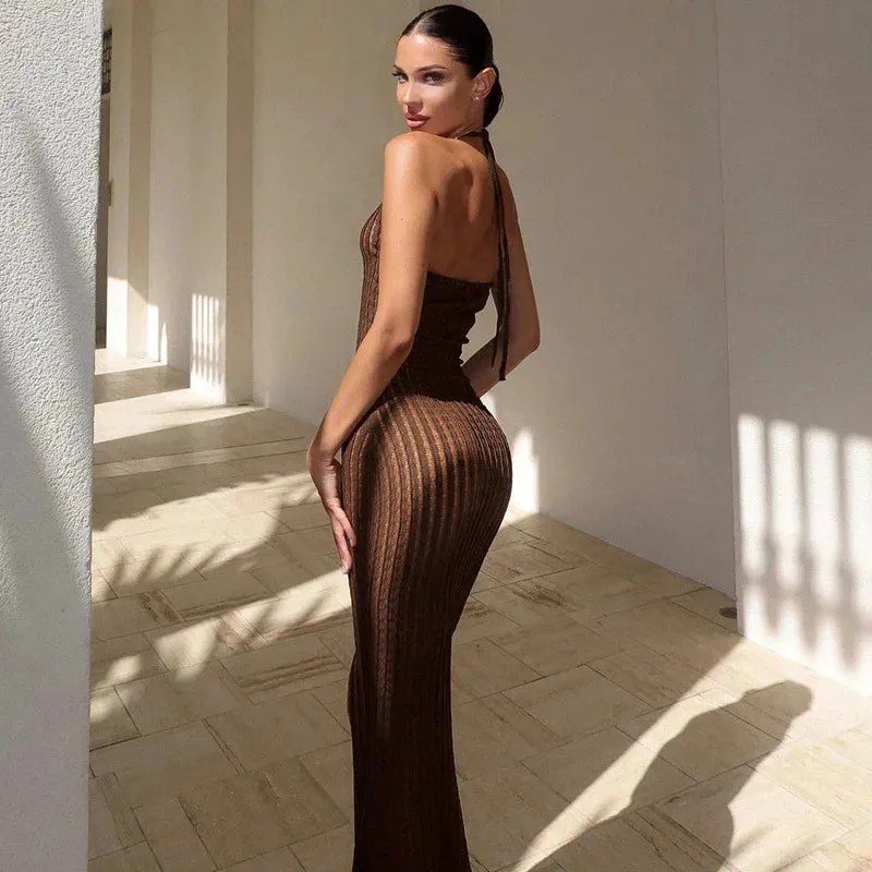 Sexy Sheer Backless Knitted Hollow Out Slim Beach Halter Neck Maxi Dress