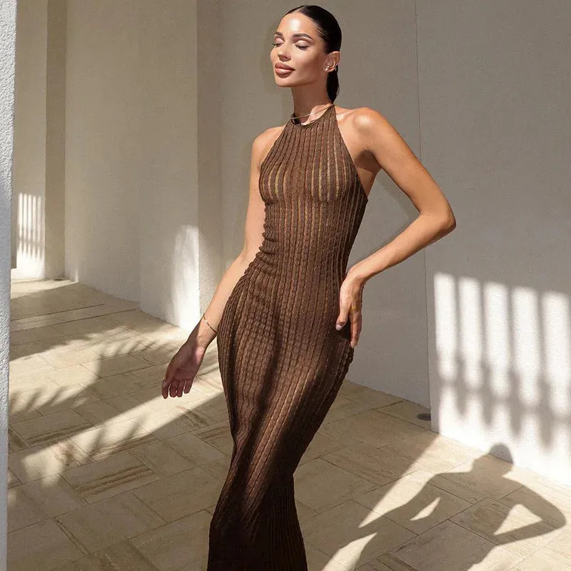 Sexy Sheer Backless Knitted Hollow Out Slim Beach Halter Neck Maxi Dress