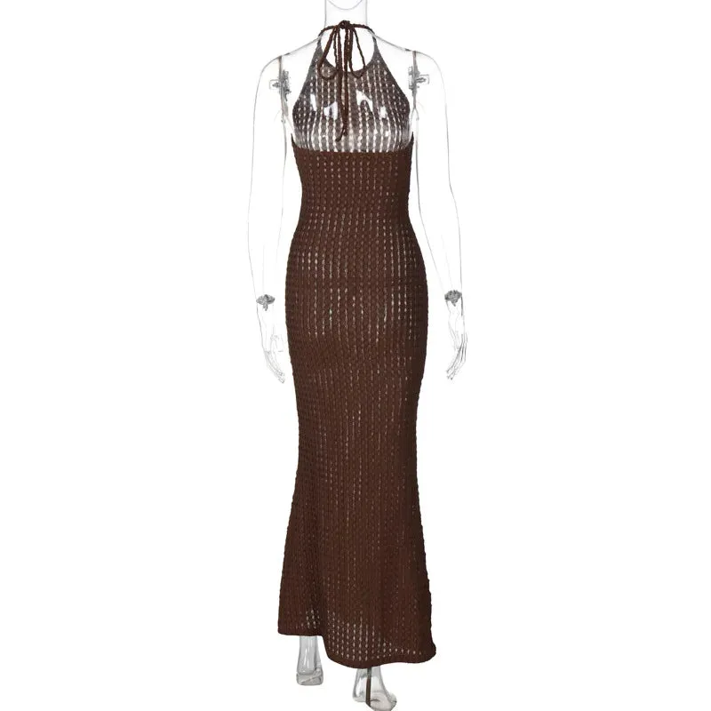 Sexy Sheer Backless Knitted Hollow Out Slim Beach Halter Neck Maxi Dress