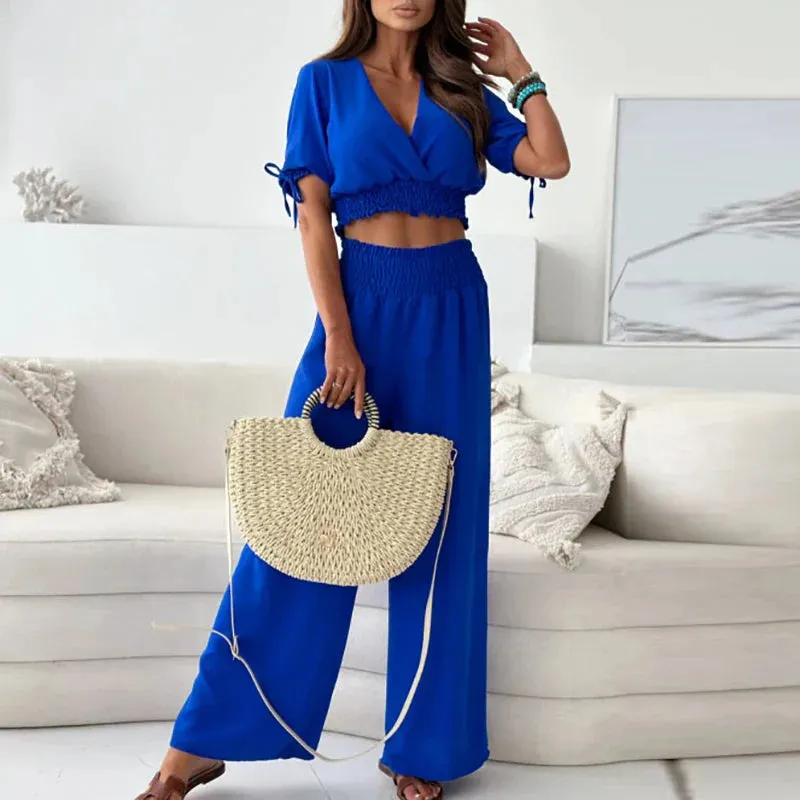 Short Sleeve V-neck Blouse Tops High Waist Pants High Street Ruffles Edge Solid Elegant Set