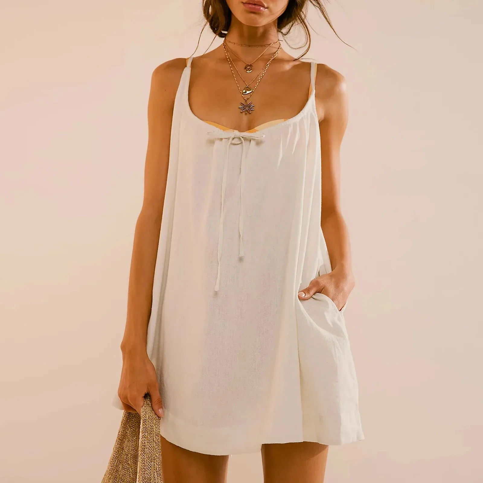 Sleeveless Scoop Neck Solid Color Loose Casual Cami Beachwear Summer Mini Dress