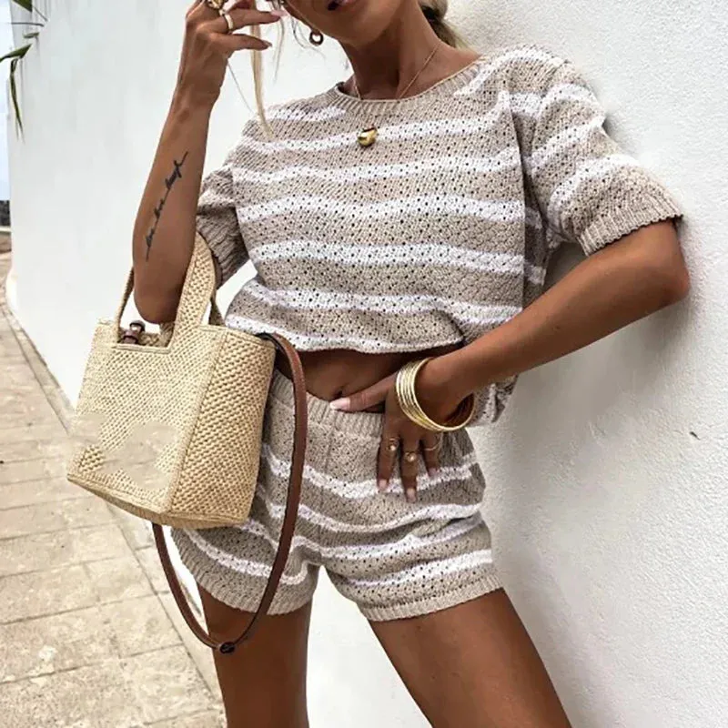 Striped Knitted Summer O-neck Fashion Color Blocking Slim Fit Beach New Set