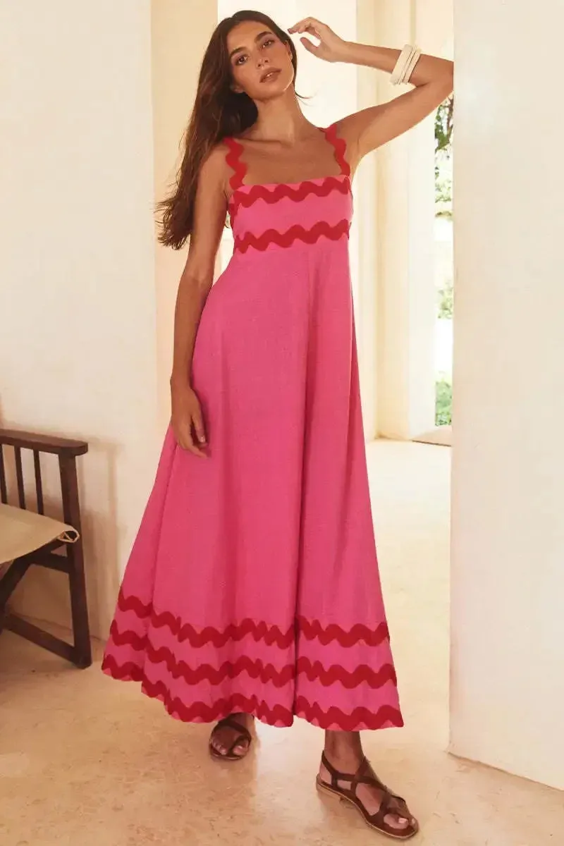 Striped Spaghetti Strap High Waist Backless Maxi Dress for Women