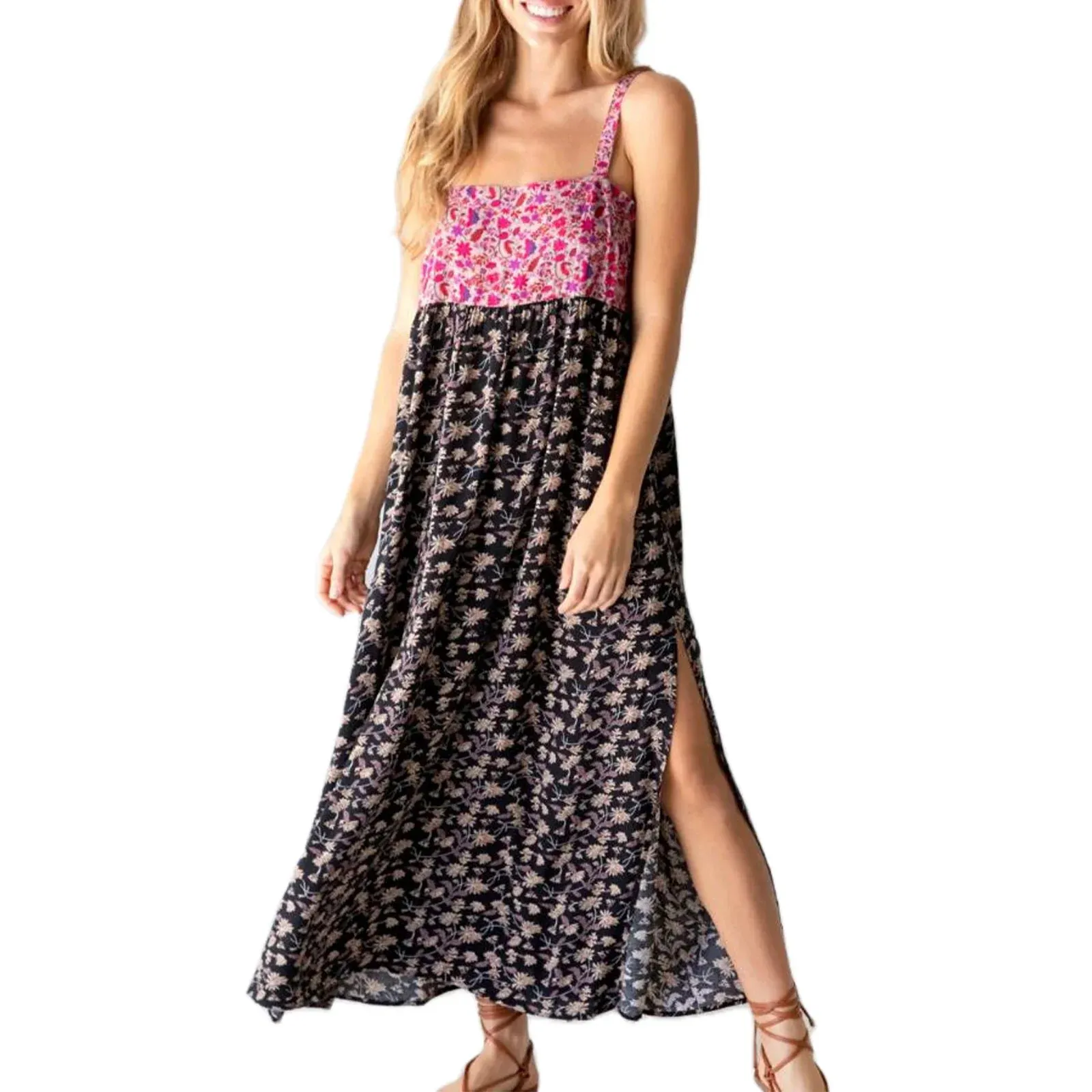 Summer Beach Long Sleeveless Spaghetti Strap Floral Print Split Summer Bohemian Dress