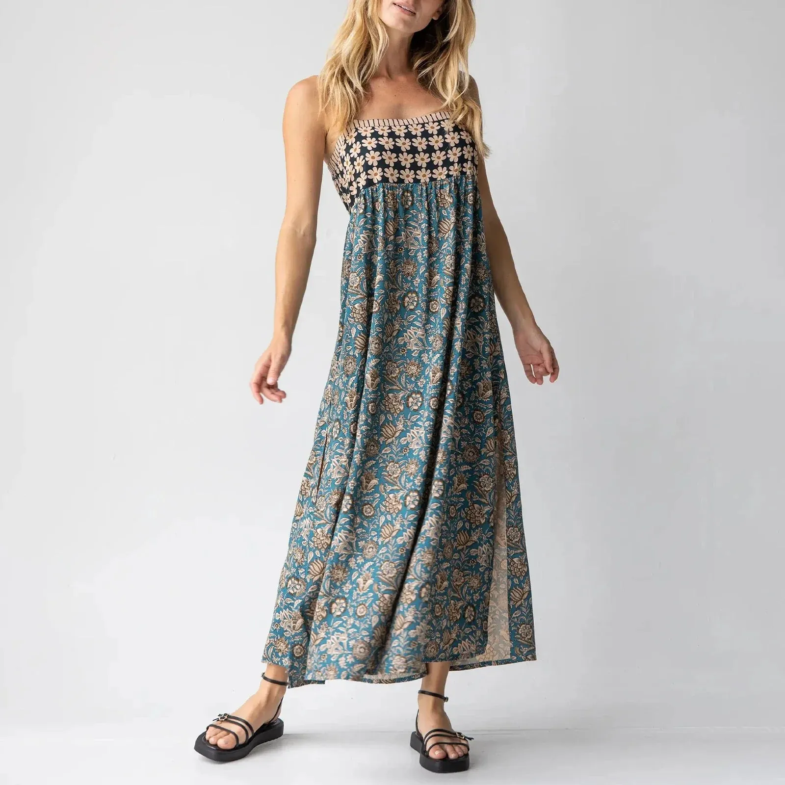 Summer Beach Long Sleeveless Spaghetti Strap Floral Print Split Summer Bohemian Dress