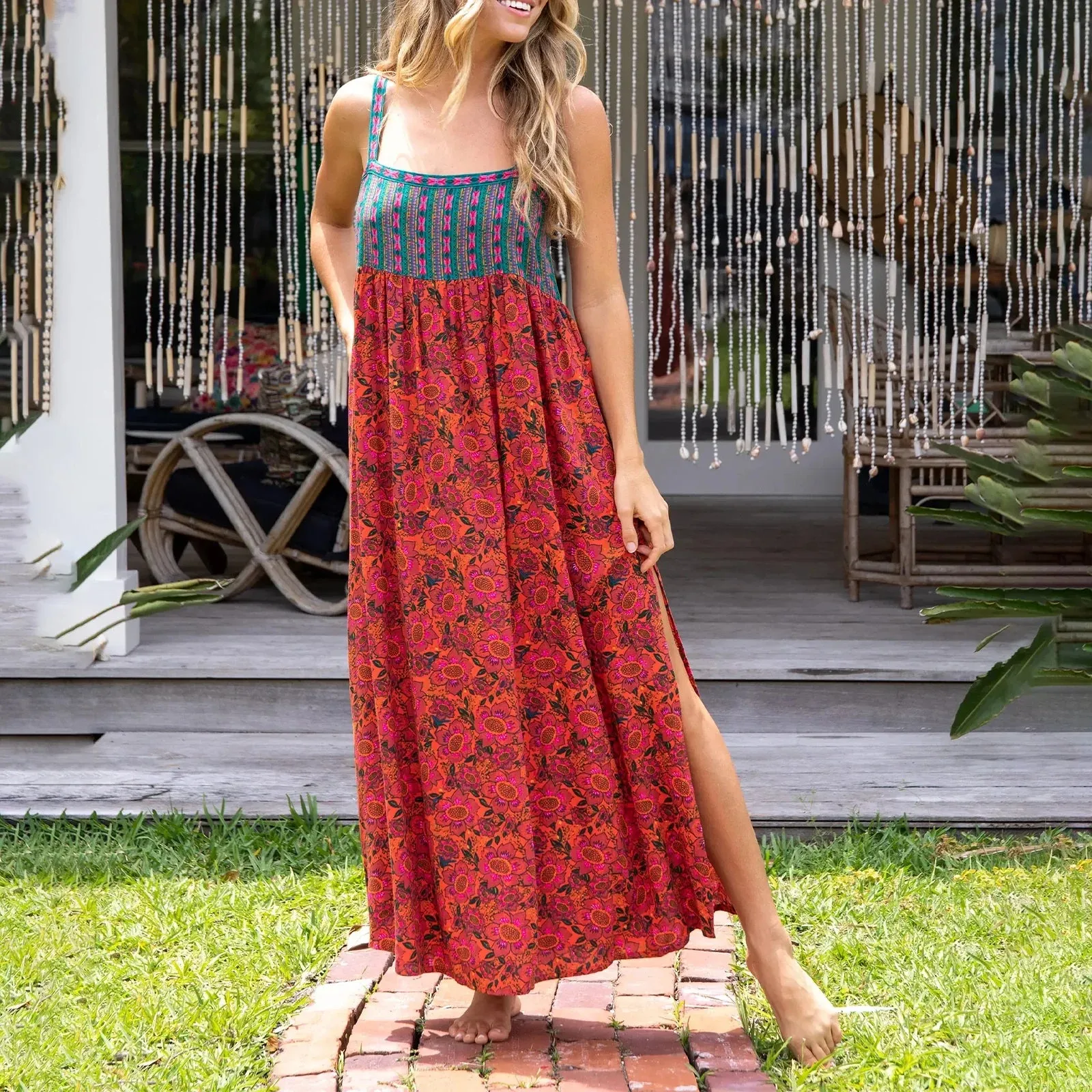 Summer Beach Long Sleeveless Spaghetti Strap Floral Print Split Summer Bohemian Dress