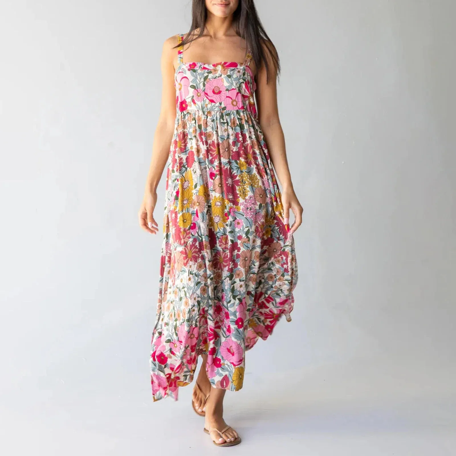 Summer Beach Long Sleeveless Spaghetti Strap Floral Print Split Summer Bohemian Dress