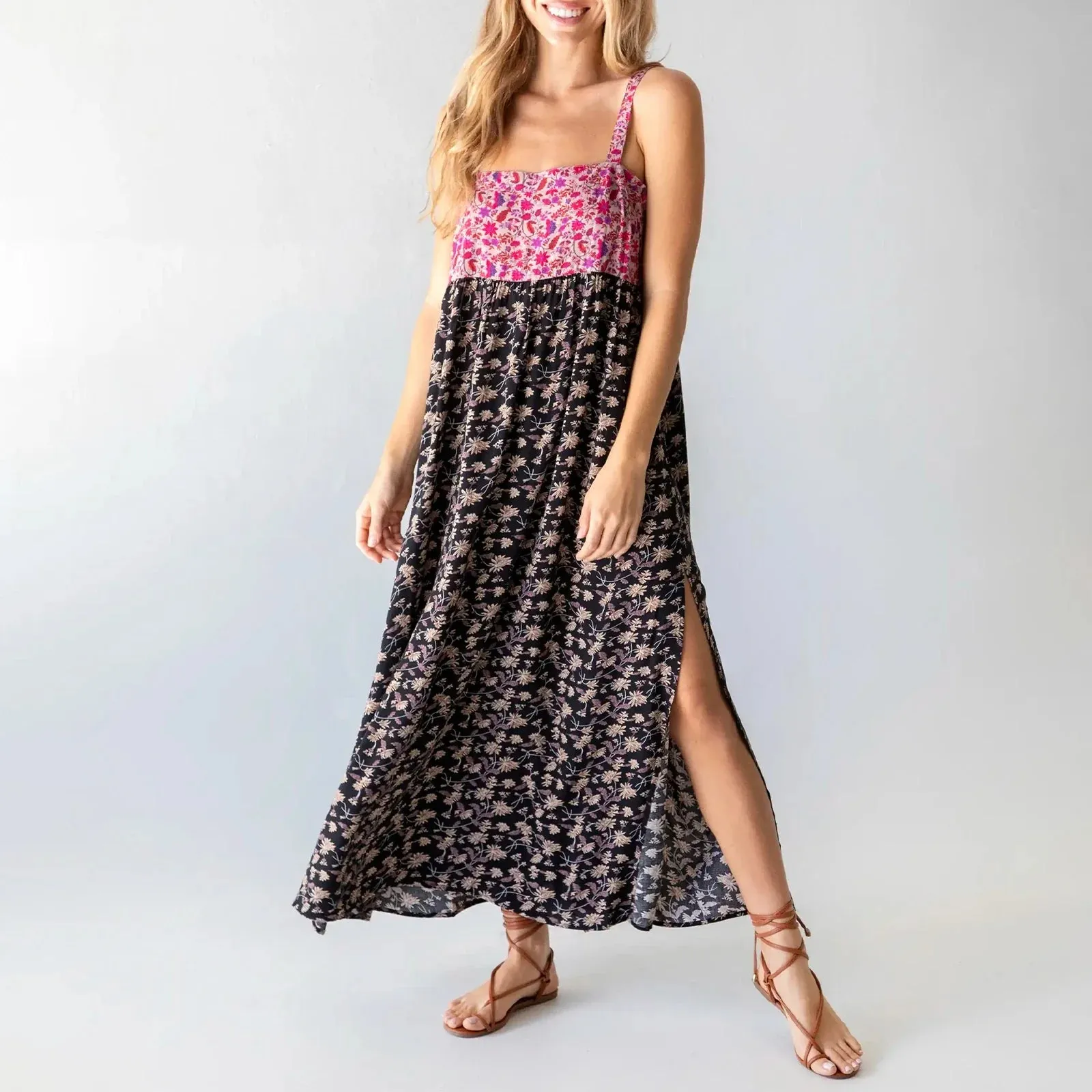 Summer Beach Long Sleeveless Spaghetti Strap Floral Print Split Summer Bohemian Dress