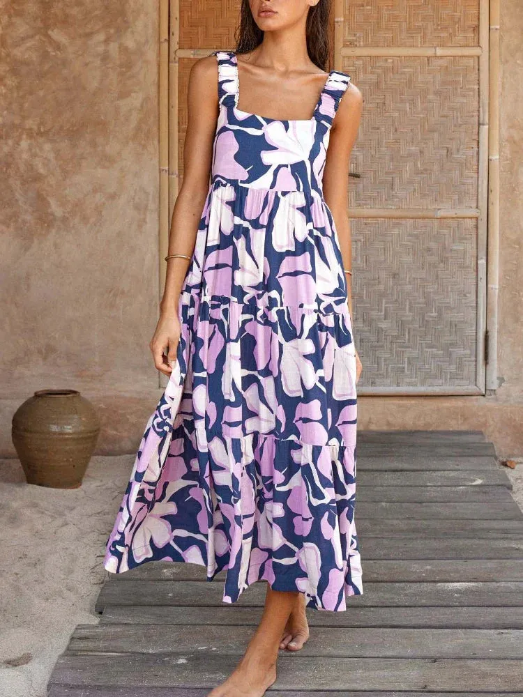 Summer Pleated Beach Holiday Strap Elegant A-Line Floral Printed Maxi Dress for Women