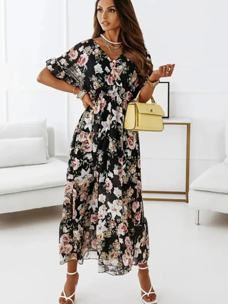 Summer Women Chiffon Floral Deep V Neck Big Hem Beach Party White Ruffle Long 2024 Midi Dress