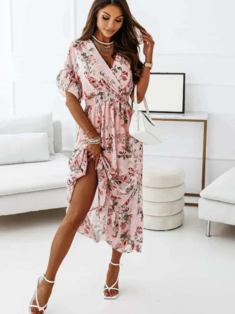 Summer Women Chiffon Floral Deep V Neck Big Hem Beach Party White Ruffle Long 2024 Midi Dress