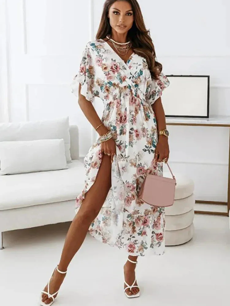 Summer Women Chiffon Floral Deep V Neck Big Hem Beach Party White Ruffle Long 2024 Midi Dress