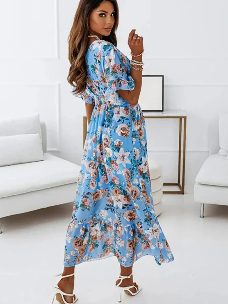 Summer Women Chiffon Floral Deep V Neck Big Hem Beach Party White Ruffle Long 2024 Midi Dress