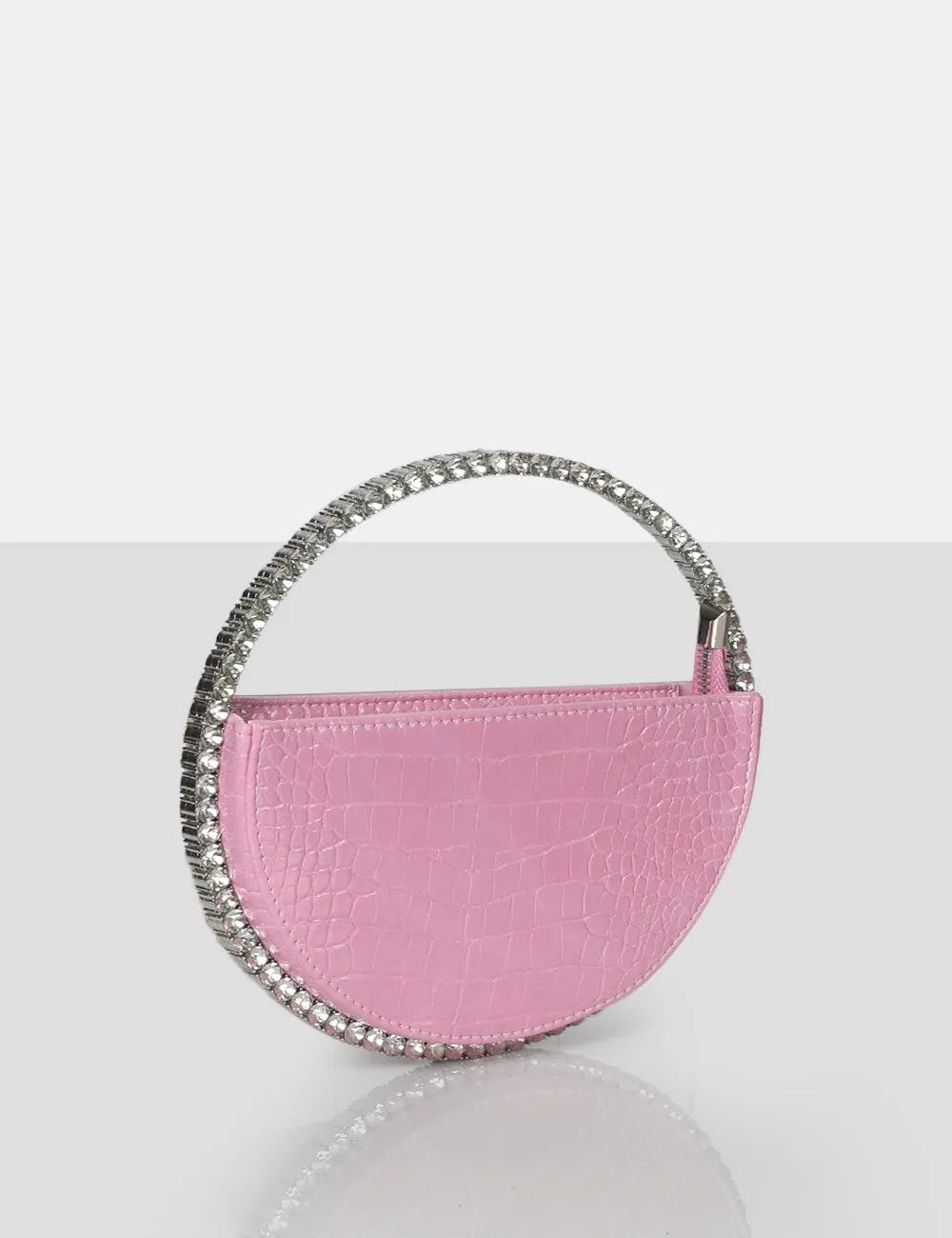 The Alessia Baby Pink Croc Circle Diamante Mini Handbag