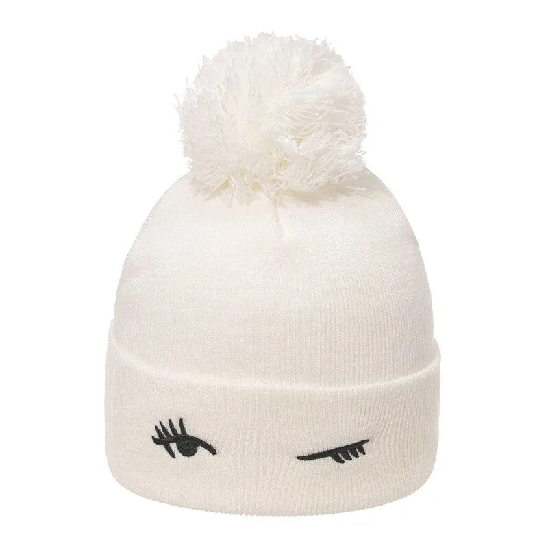 Thickened Knitted Hat fox ear Embroidered Pullover Hat Autumn Winter Knitted Hat Blinking embroidery Women's Warm Hat Women Cap