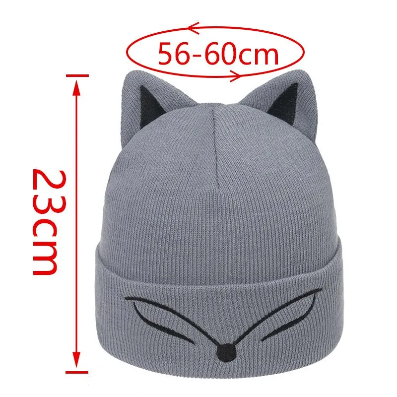 Thickened Knitted Hat fox ear Embroidered Pullover Hat Autumn Winter Knitted Hat Blinking embroidery Women's Warm Hat Women Cap