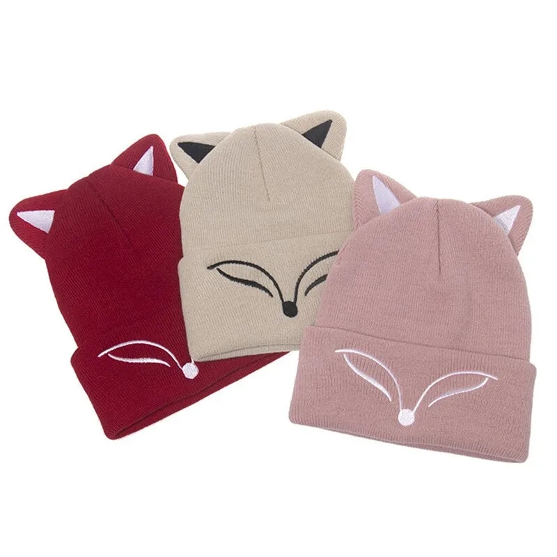 Thickened Knitted Hat fox ear Embroidered Pullover Hat Autumn Winter Knitted Hat Blinking embroidery Women's Warm Hat Women Cap