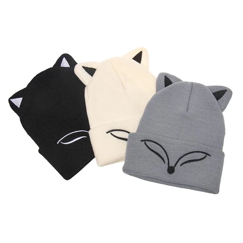 Thickened Knitted Hat fox ear Embroidered Pullover Hat Autumn Winter Knitted Hat Blinking embroidery Women's Warm Hat Women Cap