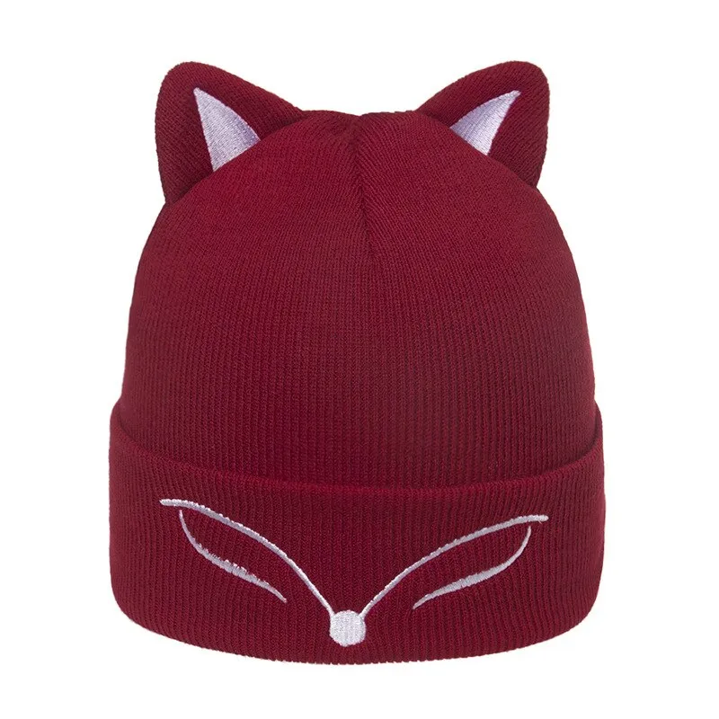 Thickened Knitted Hat fox ear Embroidered Pullover Hat Autumn Winter Knitted Hat Blinking embroidery Women's Warm Hat Women Cap