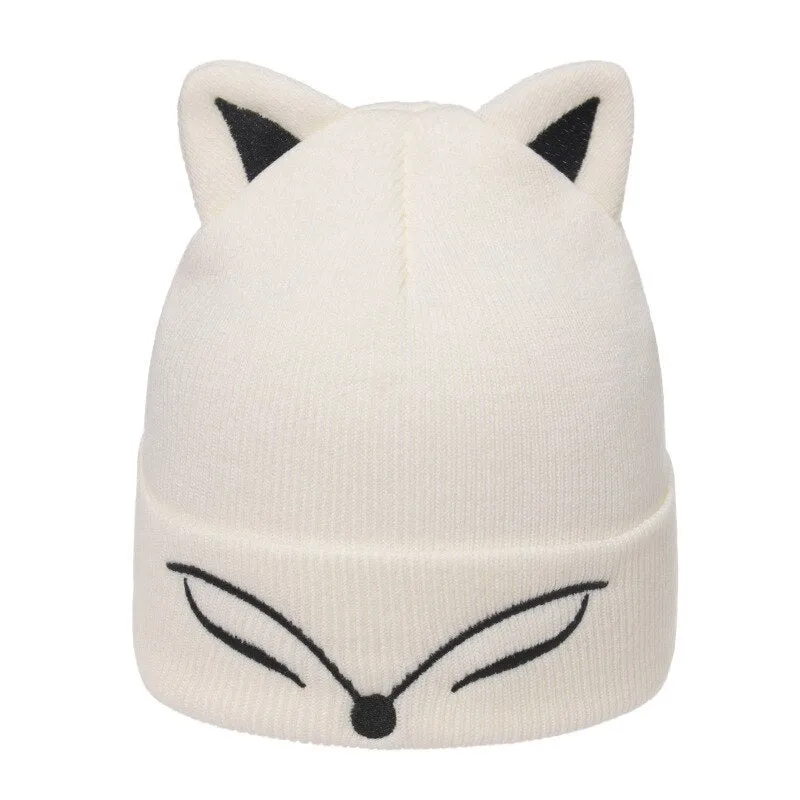 Thickened Knitted Hat fox ear Embroidered Pullover Hat Autumn Winter Knitted Hat Blinking embroidery Women's Warm Hat Women Cap