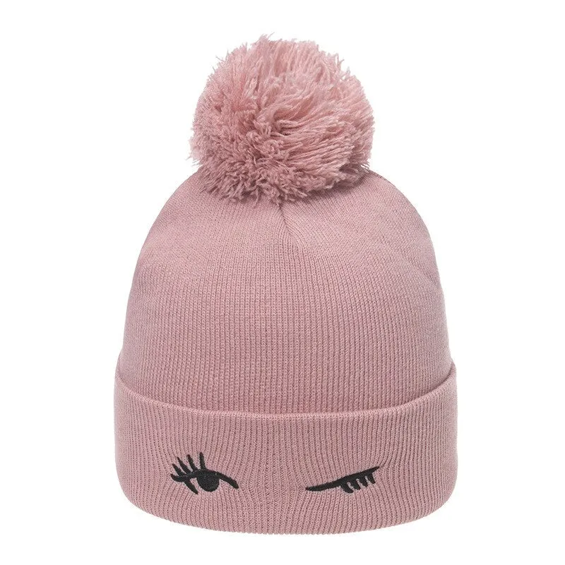 Thickened Knitted Hat fox ear Embroidered Pullover Hat Autumn Winter Knitted Hat Blinking embroidery Women's Warm Hat Women Cap