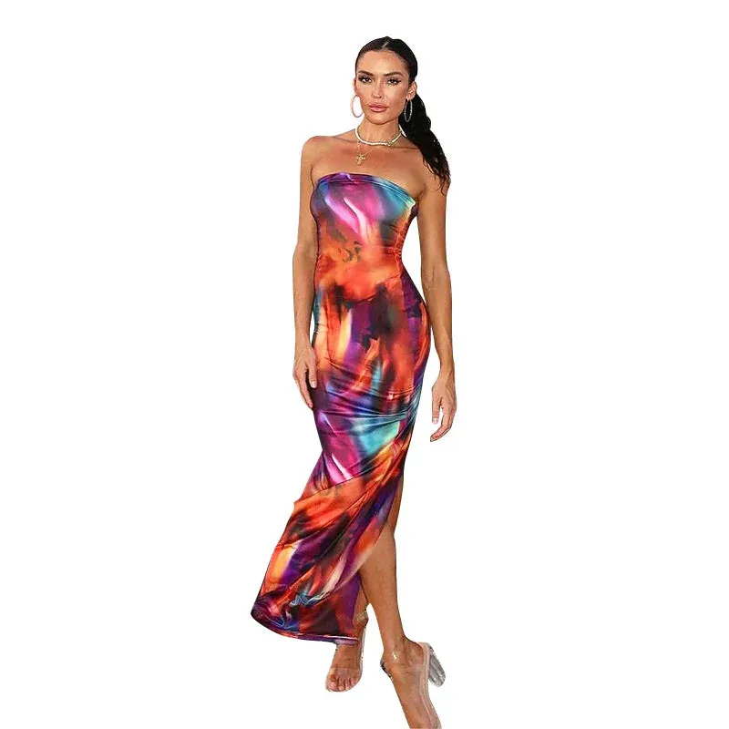 TieDye Print Off-Shoulder Sleeveless Backless Long Party Maxi Dress Women Beach Streetwear