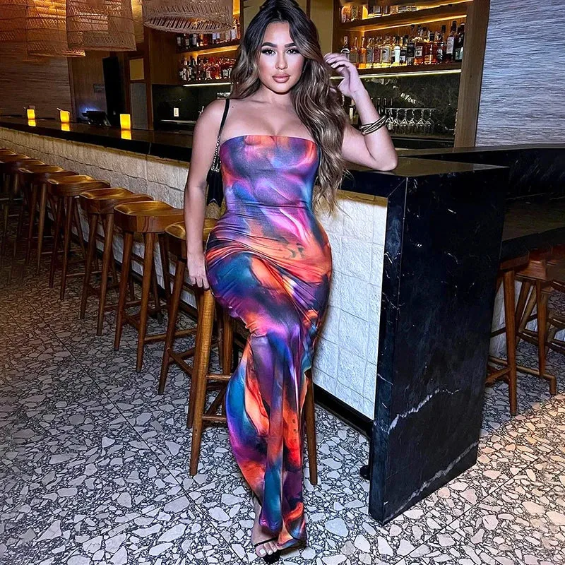 TieDye Print Off-Shoulder Sleeveless Backless Long Party Maxi Dress Women Beach Streetwear