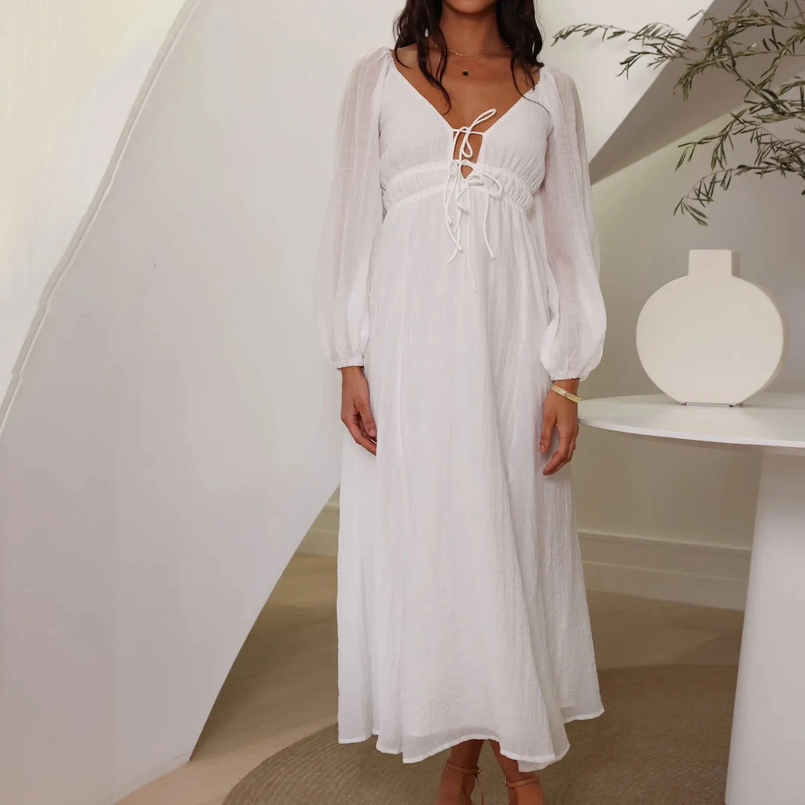 V Neck Tie Front Solid Color Long Sleeve Backless A-Line Party Beach Cocktail Club Maxi Sexy Dress