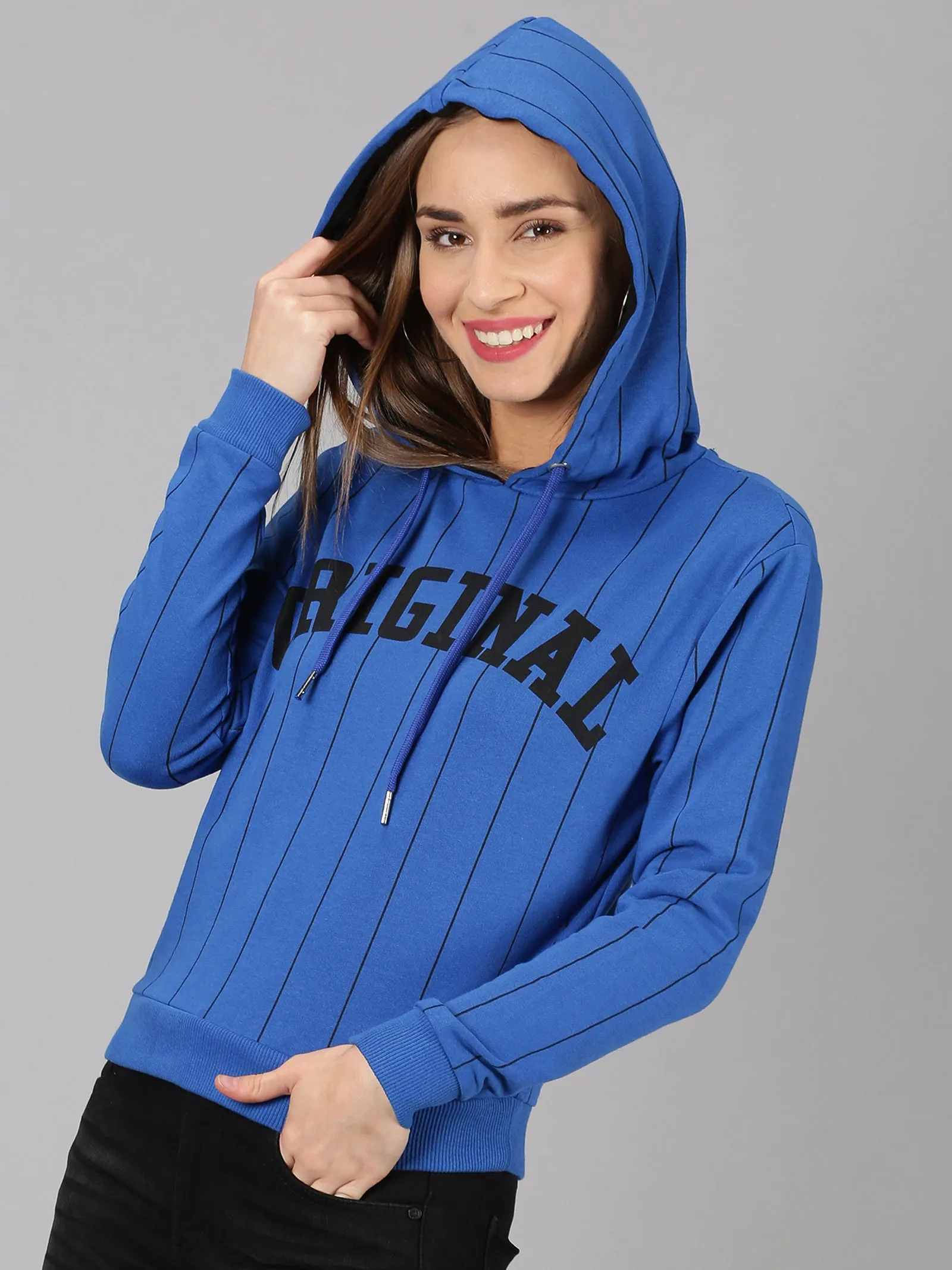 Women Blue Printed Pullover Hoodie Sweatshirt