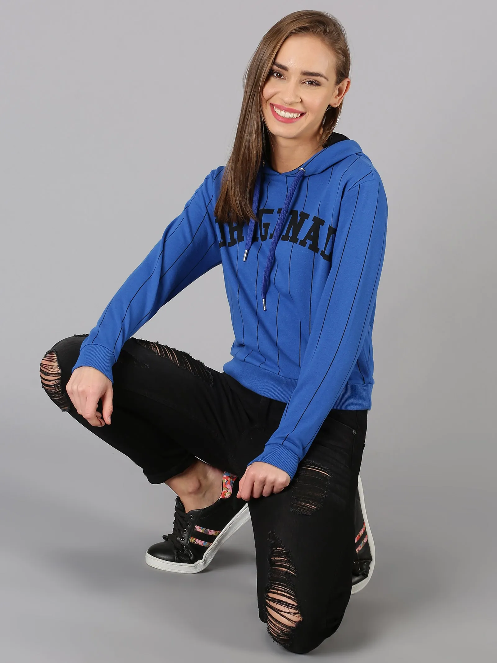 Women Blue Printed Pullover Hoodie Sweatshirt