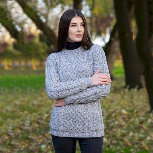 Women Crew Neck Irish Aran Sweater with Pockets