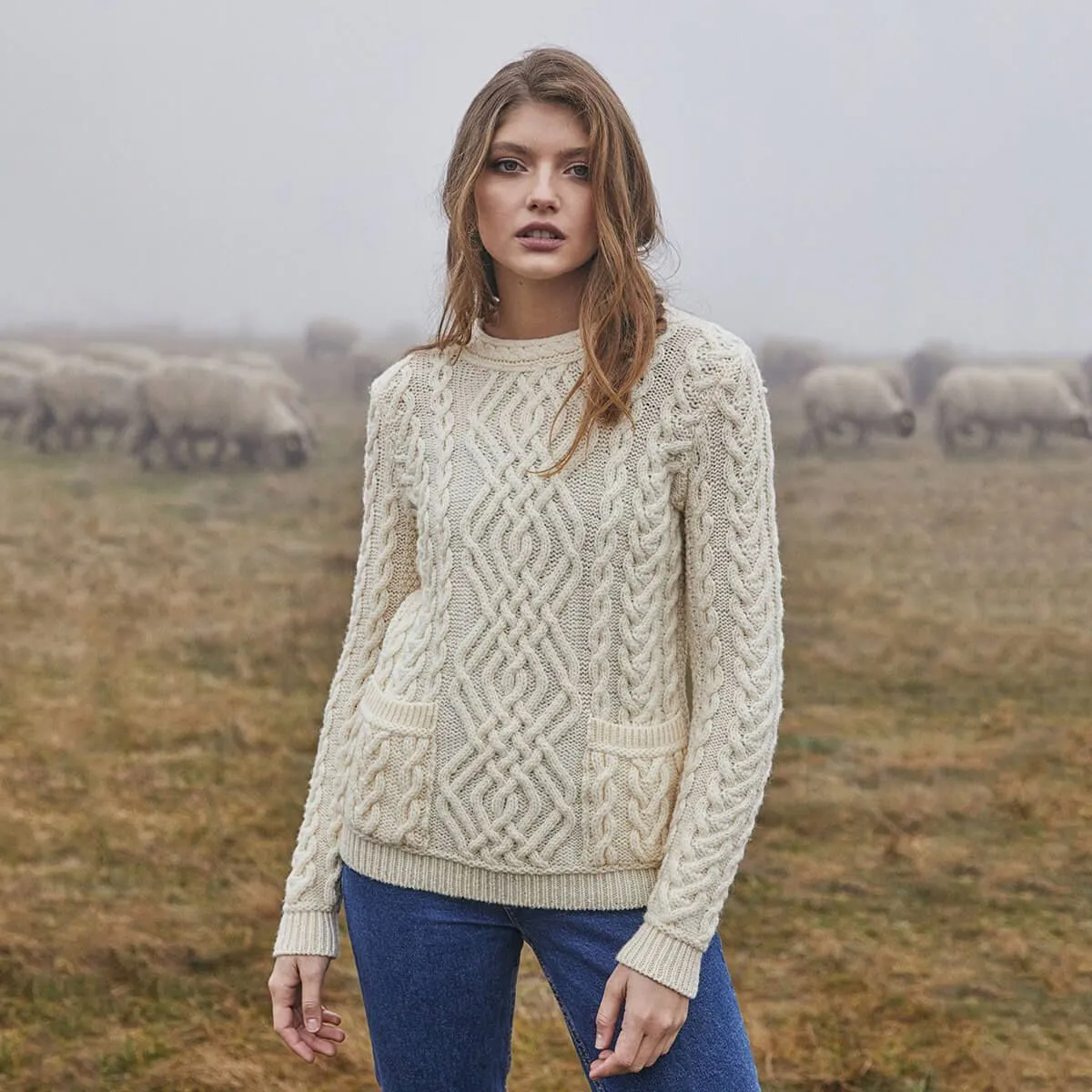 Women Crew Neck Irish Aran Sweater with Pockets