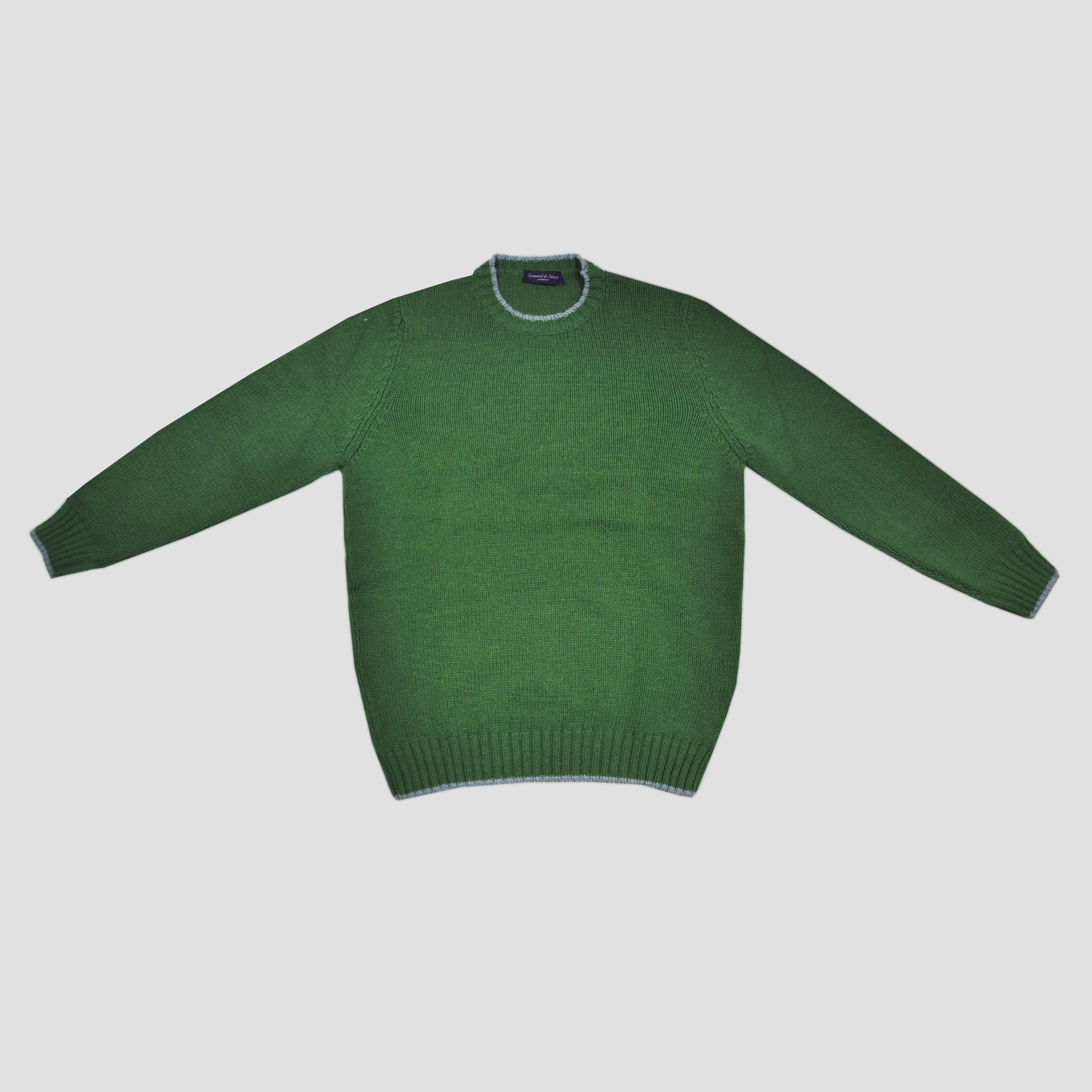 Yak's Wool Crew Neck Jumper in Lawn Green with Sky Blue Trim